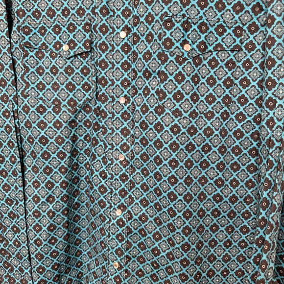 VTG 80s Wrangler Wrancher Western Cowboy Turquoise Pearl Snap Abstract Shirt Lg - Picture 6 of 8